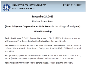 road closure announcement for October 3rd through December 1st